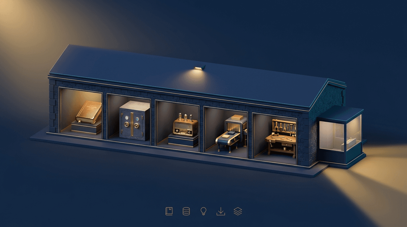 AIOS workshop architecture: five rooms with two foundations beneath and a bridge cabin